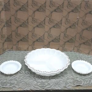 Anchor Hocking 9" Round White scalloped Milk Glass 3 Section divided dish